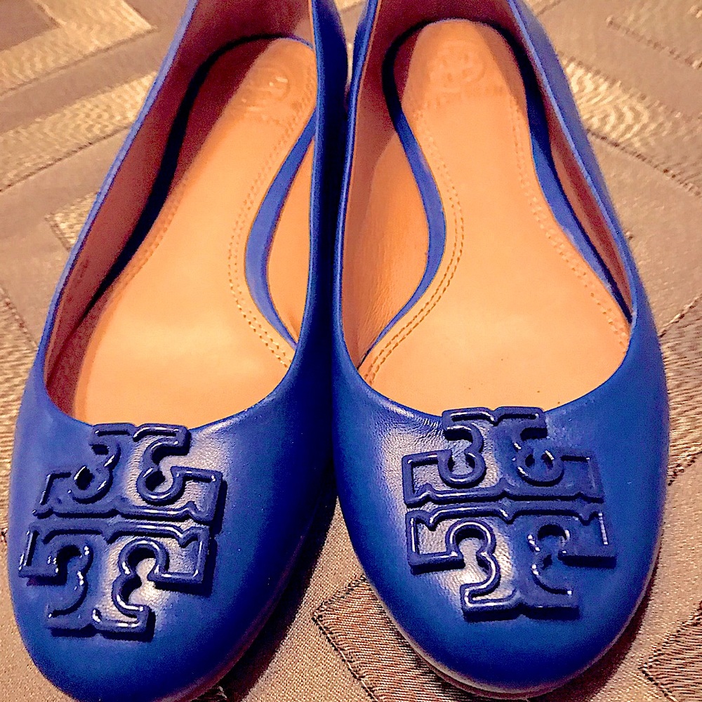 Tory Burch Royal Blue Leather Double-T Logo Flats